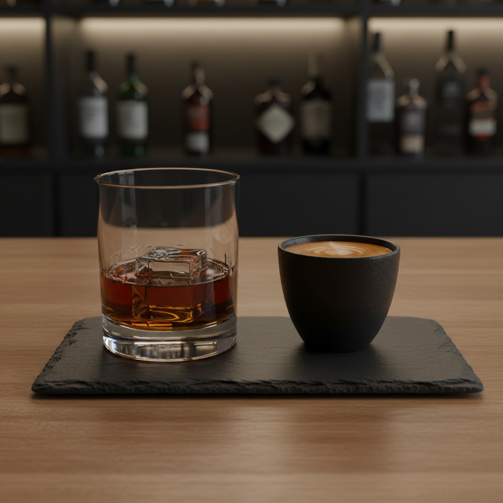 A heavy-bottomed crystal rocks glass containing a single, perfectly clear ice cube and a measure of deep amber whiskey, its surface catching tiny reflections. Next to it sits a matte black ceramic espresso cup half-filled with rich, crema-topped espresso, placed on a dark slate serving board. The scene is set on a polished oak counter in a minimalist home bar corner, with blurred shelves of bottles receding into the background. Warm, low evening light from a shaded lamp creates dramatic side lighting, emphasizing textures in glass, ceramic, and wood. Shot at eye level with a tight, centered composition and photographic realism, the mood is intimate, contemplative, and quietly luxurious.