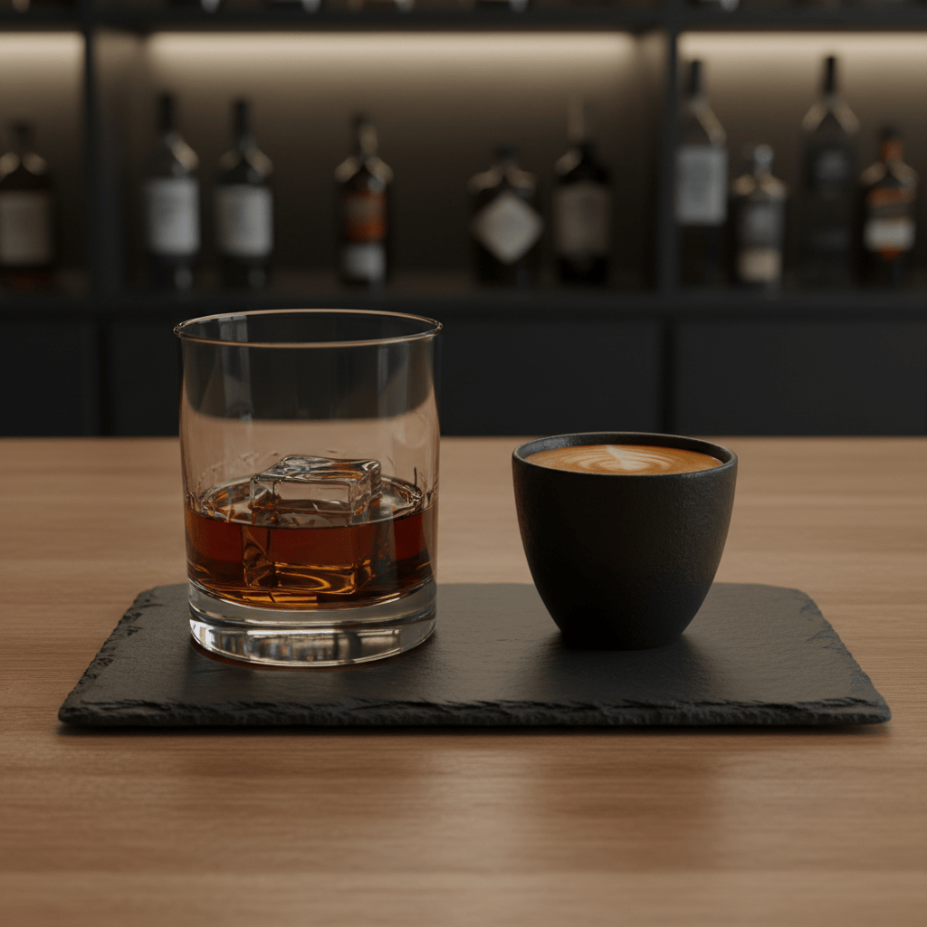A heavy-bottomed crystal rocks glass containing a single, perfectly clear ice cube and a measure of deep amber whiskey, its surface catching tiny reflections. Next to it sits a matte black ceramic espresso cup half-filled with rich, crema-topped espresso, placed on a dark slate serving board. The scene is set on a polished oak counter in a minimalist home bar corner, with blurred shelves of bottles receding into the background. Warm, low evening light from a shaded lamp creates dramatic side lighting, emphasizing textures in glass, ceramic, and wood. Shot at eye level with a tight, centered composition and photographic realism, the mood is intimate, contemplative, and quietly luxurious.