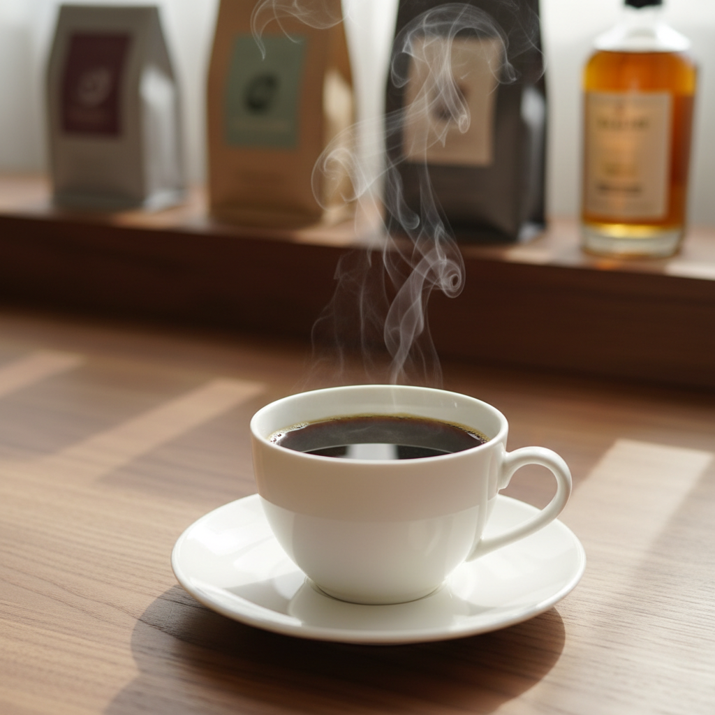 A pristine white porcelain coffee cup with a delicate, curved handle brimming with dark, glossy black coffee, faint steam curling upwards in intricate wisps. The cup rests on a thin saucer atop a walnut table with a fine, linear grain. In the softly blurred background, an elegant row of specialty coffee bags and a single amber glass bottle of craft liqueur sit on a shelf. Late-morning natural light enters from the left, casting gentle highlights along the cup’s rim and subtle shadows beneath. Photographic realism with a slightly elevated angle and shallow depth of field creates a calm, sophisticated mood, perfect for a refined coffee and alcohol tasting blog header.
