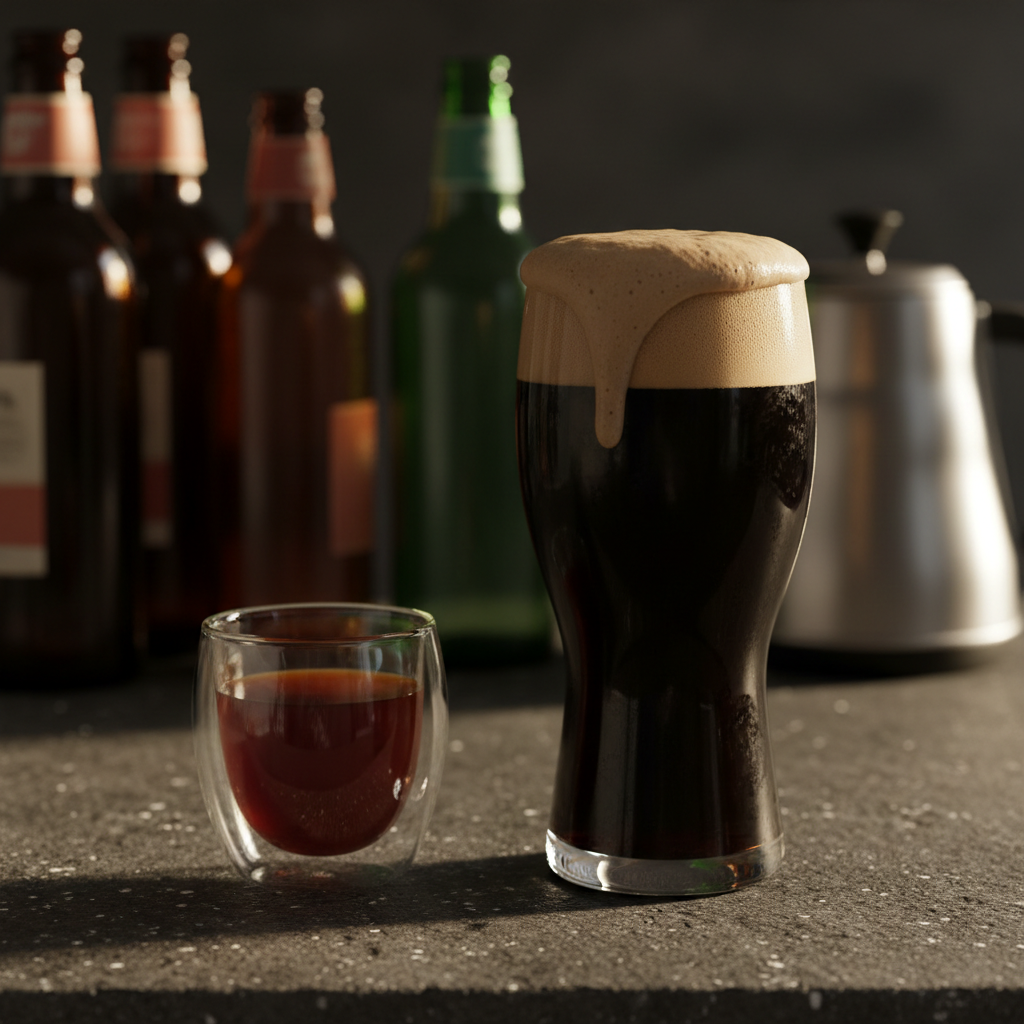 A tall, gently curved tulip glass of dark stout with a dense, creamy tan head positioned beside a small, transparent double-walled glass of hand-brewed Ethiopian coffee, revealing its reddish-brown clarity. Both rest on a charcoal-gray stone countertop with fine, speckled texture. In the background, softly out of focus, stand a few amber and green beer bottles and a sleek stainless steel kettle. Warm golden hour sunlight slants in from the right, catching the foam, glasses, and bottle shoulders, while the rest of the scene falls into a velvety shadow. Photographic realism, shot from a slightly low angle to emphasize the height of the glasses, creates a sophisticated yet cozy atmosphere, perfect for discussing flavor parallels between coffee and beer.