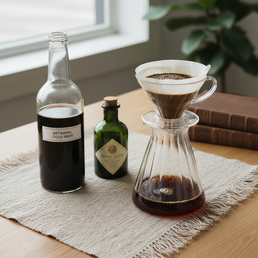 An exquisite pour-over coffee setup featuring a glass dripper with a clean white paper filter blooming freshly ground coffee, set atop a slender glass carafe. Nearby, a slender-necked clear glass bottle of cold brew concentrate and a small, dark green bottle of herbal liqueur sit on a linen runner. The scene unfolds on a light oak table beside a large window, where soft overcast daylight creates even, diffused illumination with minimal shadows. Background elements, like a blurred plant and a few closed books, remain subdued. Captured from a three-quarter elevated angle with a rule-of-thirds composition in photographic realism, the mood is calm, methodical, and intellectually refined, ideal for a blog post about brewing methods and pairing spirits.
